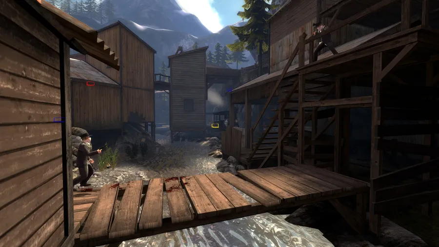 Schermata di gioco da Fistful of Frags: due pistoleri si affrontano su un ponte di legno in un villaggio di montagna