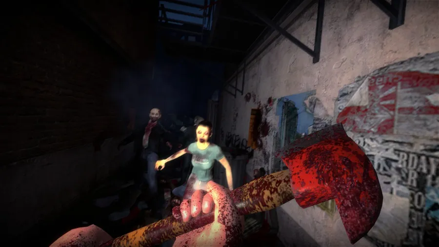 Schermata di gioco da No More Room in Hell: un sopravvissuto affronta due zombie in un vicolo buio con un piede di porco insanguinato